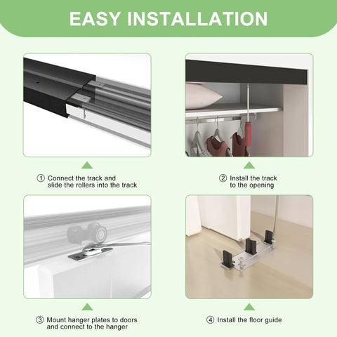 Installation steps for Aluminum Bypass Sliding Door Hardware Kit For Double Closet Doors, black track and floor guide shown