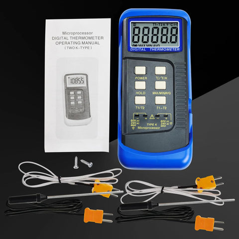 Blue digital K-type thermocouple thermometer with 4 probes; dual-channel HVAC temp meter, MAX/MIN/AVG