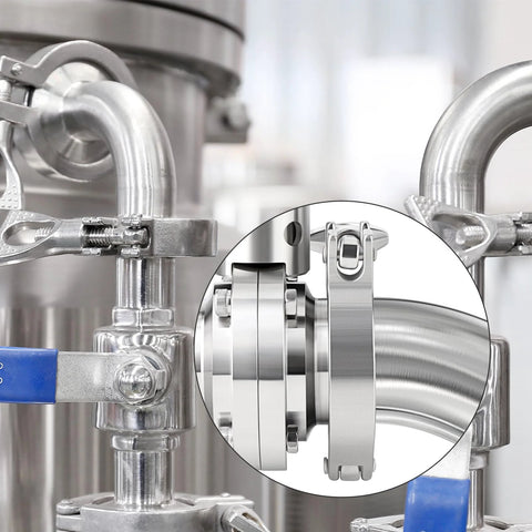 Two 2-inch 304 stainless steel sanitary tri-clamp 45° elbow fittings with ferrule flanges and four silicone gaskets