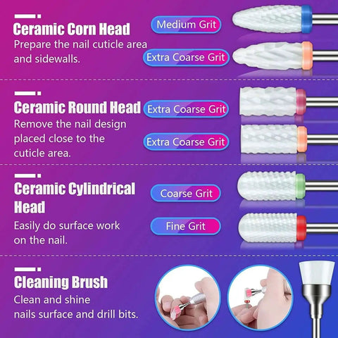 Close-up of a 30Pcs Nail Drill Bits Set With 3 32 Inch Shank Universal Kit showing ceramic corn, round, cylindrical heads, and a brush.