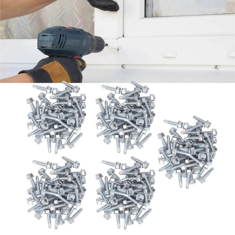 250 Piece M4.2x16mm Self Drilling Screws With External Hex Drive Galvanized Carbon Steel, shown in installation and pack view.