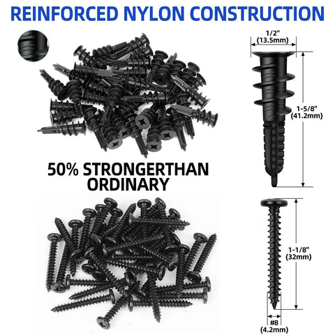 Self Drilling Size Eight Drywall Anchors And Screws Set, Heavy Duty Nylon And Glass Fiber Construction, 80 Lbs Load Capacity, Pre Drill Free, Includes 40 Anchors And 40 Screws With Storage Case For Hanging Shelves TVs And Pictures, shown with size dimensions.