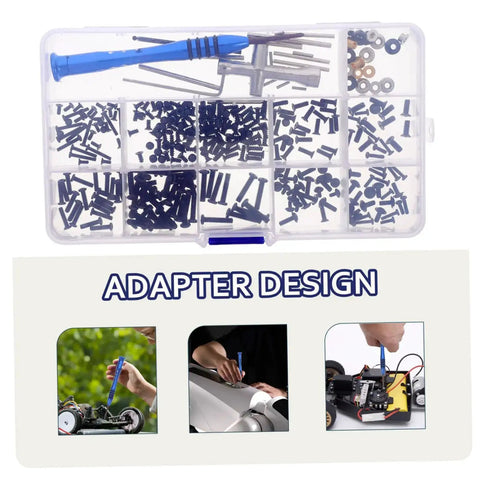 RC Car Repair Tool Kit With Wrench, Screw And Fastener Set, Nut And Bolt Assortment, Durable Iron Tools, Multimodel Compatibility For Easy Fixes And Quick Repairs visible in a storage box with compartments and labeled adapter design.