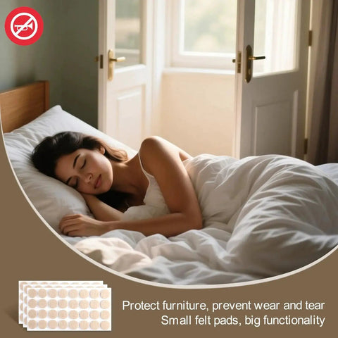 Self-Adhesive 0.8 Inch Felt Chair Leg Pads 96 Pcs Beige For Floor Protection next to woman sleeping in bed