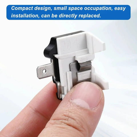 Close-up of 4 Pack 1/2 HP Refrigerator Overload Protector Replacement Parts for Freezers, held in hand, white and black plastic component