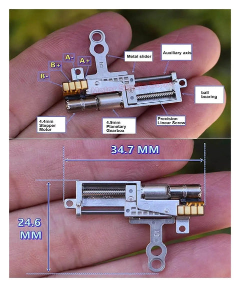 Close-up of 2 Phase 4 Wire 5mm Planetary Gearbox Kit with metal slider, stepper motor, and precision linear screw for high torque applications.