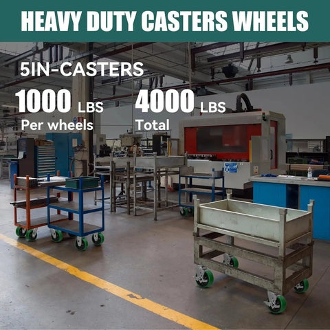 5 Inch By 2 Inch Industrial Heavy Duty Cast Iron Caster Set Of 4 With Polyurethane Tread Non Marking Green Wheels in workshop