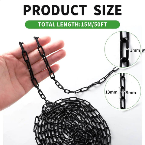 Heavy Duty Three Millimeter Metal Hanging Chain Fifty Foot Length With Organizer Spool, hand holding black chain, length details.