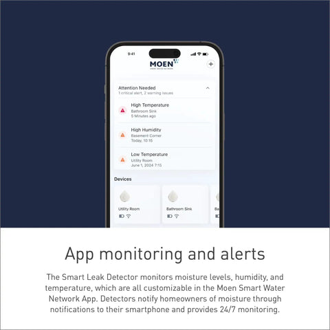 Mobile app interface for Flo Smart Water Leak Detector 3 Pack, showing real-time alerts and monitoring features.
