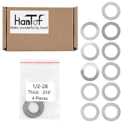 Barrel Shim Kit 1/2x28 for Muzzle Brake Alignment 5.56mm.223 with stainless steel shims displayed next to packaging.