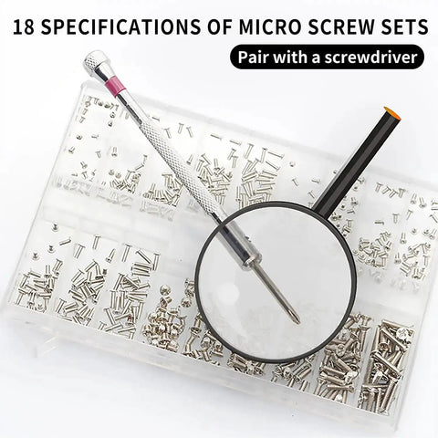 Micro Screw Repair Kit With Precision Screwdriver, 630 silver stainless micro screws in 18 sizes displayed in organized case.