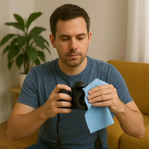 Person cleaning camera lens with Large Microfiber Cleaning Cloths For Glasses And Screens Reusable Non Scratch