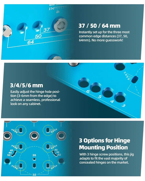 2-In-1 Cabinet Jig With 11-Hole Shelf Pin Guide And Concealed Hinge Drilling Template showing size adjustments and hinge positions.