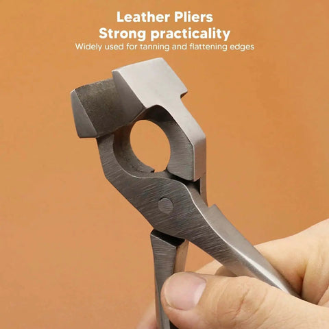 Close-up of Leather Craft Flattening Pliers Stainless Steel Flat Pliers for wallets, handbags, and belts edge trimming, held in hand.