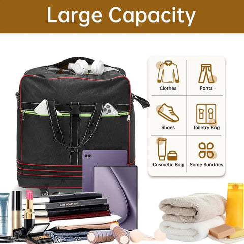 Foldable Duffle Bag With Wheels Large Expandable Travel Duffle Waterproof Collapsible Luggage Black showing full capacity with travel essentials