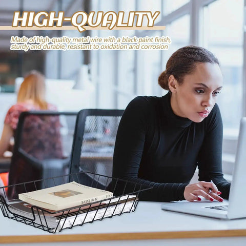 Office desk with woman working on laptop, featuring Six Pack Metal Letter Tray Set Stackable Wire Paper Organizer for organizing files.