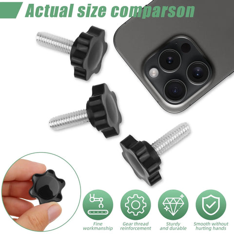 Durable Black Star Knobs With 1/4-20 Thread next to a smartphone showing size comparison and knurled grip texture.