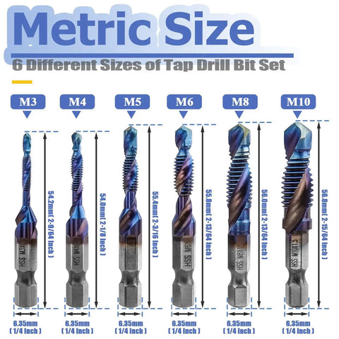 Six Piece HSS Tap Drill Bit Set For Drilling And Tapping M3 x 0.5 M4 x 0.7 M5 x 0.8 M6 x 1.0 M8 x 1.25 M10 x 1.5 With Hex Shank