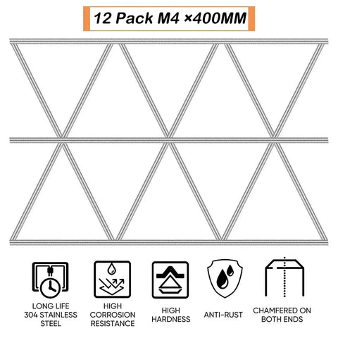 Diagram of 12 Pack M4 400MM rods with features: 304 stainless steel, corrosion resistance, chamfered ends, anti-rust, high hardness.