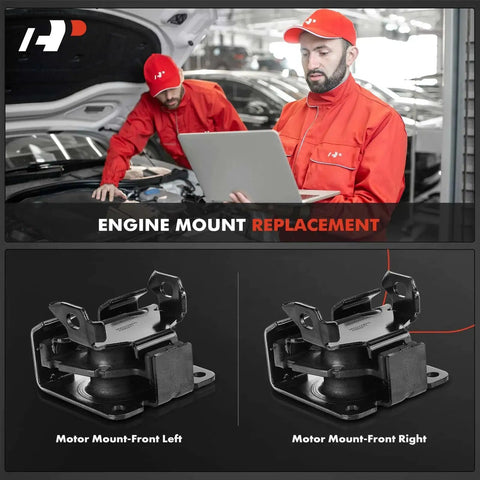 Chevrolet Blazer S10 GMC Jimmy Sonoma Isuzu Hombre Oldsmobile Bravada Two Piece Front Left And Right Engine Mounts V6 4.3L Replacement Direct Fit Heavy Duty Auto Parts For 1996 To 2005 1996 To 2004 1997 To 2000 1996 To 2001 displayed with technicians and engine mount setup