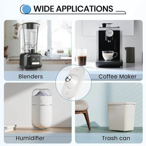 Infographic showing self adhesive caster wheels attached to blenders, coffee maker, humidifier, and trash can for easy movement.