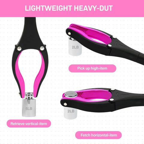2 Pack 32 Inch GrabRunner Reacher Grabber Tool With Strong Magnetic Swivel Head In Pink shown picking vertical and horizontal items