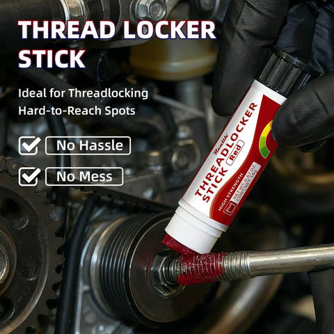 Close-up of 19g Medium Strength Blue Threadlocker Stick being applied to automotive bolt for permanent locking