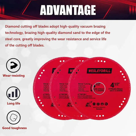 3 Pack 4.5 Inch Diamond Cutting Off Wheels Set For Seven Eighths Inch Arbor, Heavy Duty Multi Purpose Metal Cutter Discs