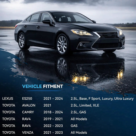 Vehicle fitment chart for 2 Piece Heavy Duty Front Wheel Bearing And Hub Assembly Replacement Kit For 2.5L Toyota Camry 2018 2024 RAV4 2019 2023 Venza 2021 2023 ES250 2022 2024 Avalon 5 Lug Direct Fit.
