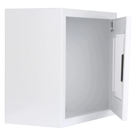 Open white AED cabinet wall mounted alarmed defibrillator storage box, large size fits Zoll, Cardiac Science, and all brands.