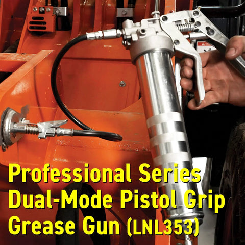 LockNLube professional dual-mode pistol grip grease gun with 20-inch hose and inline swivel