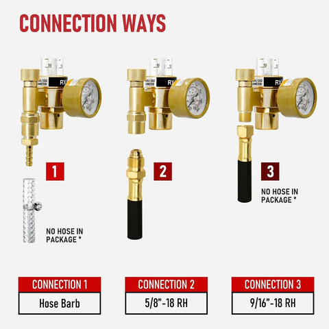 Connections for Argon Regulator Flowmeter Gas Gauge For MIG And TIG Welding, showing hose barb, 5/8" male, and 9/16" nut options.