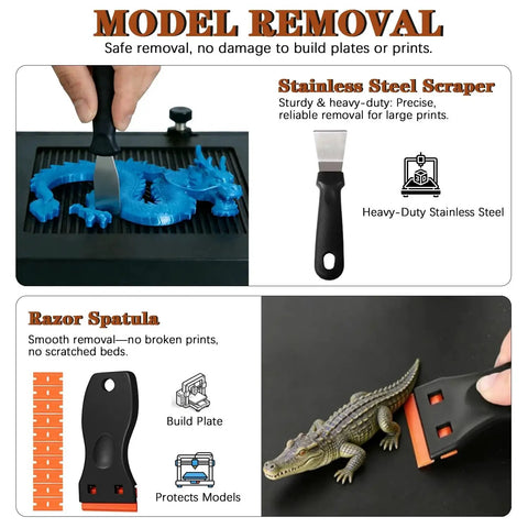 Image showing 66-Piece All-In-One 3D Printer Tools Kit With Storage Case For FDM And SLA Printers Includes Deburring Tool Scrapers Metal Files Brushes Hand Drill Tweezers And More, Perfect For Bambu Lab Ender 3 Kobra model removal tools with scraper and spatula.
