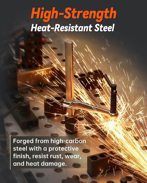High-strength heat-resistant steel welding clamp on table with sparks; Two Pack Welding Table Clamps With Six Point Five Inch Opening Capacity For Five Eighth Inch Holes Professional Carbon Steel Welding Fixture Clamps For Precision Metalworking And Fabrication Heavy Duty Portable Set.