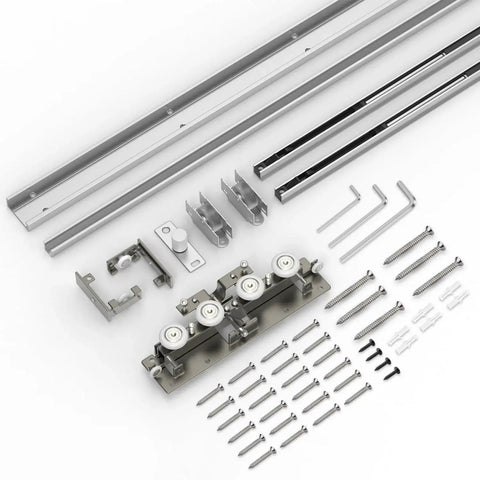 Heavy Duty Hidden Sliding Barn Door Hardware And Track For 30 To 47 Inch Doors, metal components and tools displayed