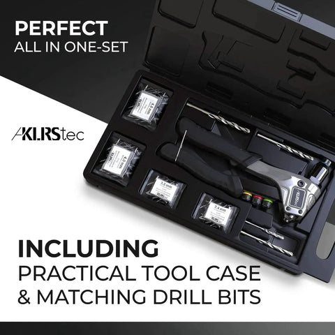 Open case of Pro Rivet Gun Kit With 120 Pop Rivets And 4 HSS Drills For Quick, Easy Blind Rivet Fixes, Heavy Duty Pop Rivet Tool Set
