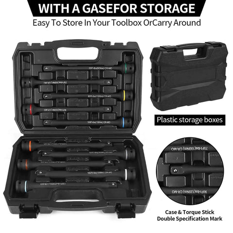 Open case displaying 1/2" Drive Torque Limiting Extension Bar Set, 10PCS Torque Stick Set, color-coded, for lug nuts, automotive repair.