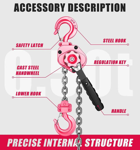 Diagram of Mini Lever Hoist Half Ton 1100 Lbs Capacity 10 Ft Lift Portable Aluminum Ratchet Chain Hoist With G80 Alloy Chain, Pink