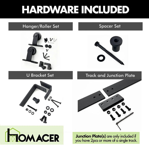 Black Rustic Double Track U Shape Bypass Sliding Barn Door Hardware Kit includes hanger, spacer, bracket, and track sets.