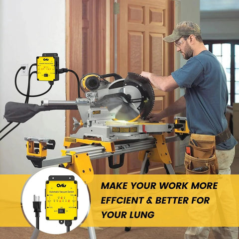 Man using miter saw with Automatic Vacuum Switch For Three Power Tools With Dust Control Autoswitch Delay in workshop setup