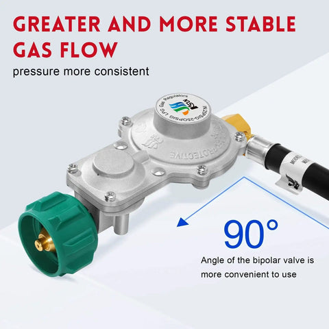Image of Ready to Hook Up 3ft Two Stage Propane Regulator Hose With 90 Degree Fittings showing 90-degree angle and pressure label.