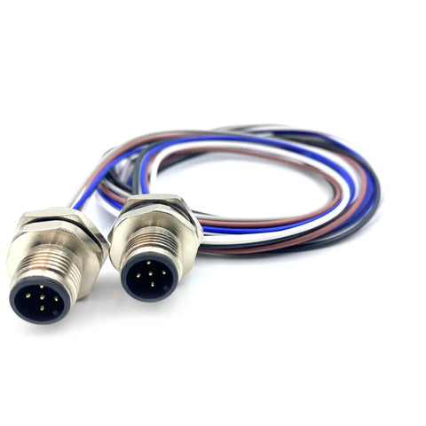 2 Pack M12 5 Pin A Coded Male Connector Cable IP67 Waterproof Back Mount Straight Unshielded Aviation Socket Electrical Cable