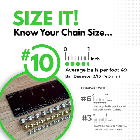 Ten Ball Chain Spool 100 Feet Nickel Plated Steel Beaded Chain size guide with ruler, highlighting 4.5mm ball diameter.