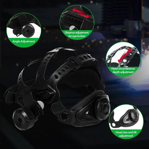 Close-up of adjustment features on large viewing laser welding helmet with OD8 plus eye protection and durable polycarbonate build.