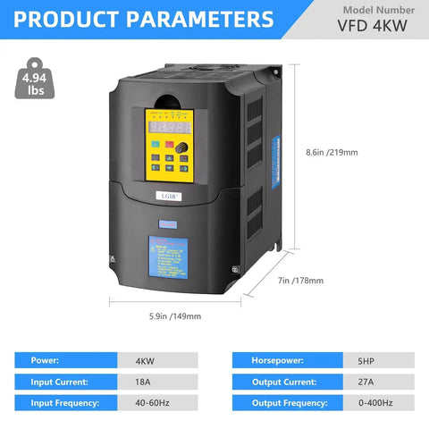 VFD Variable Frequency Drive 4KW 5HP 220V Inverter for CNC Spindle Speed Control showing dimensions and input frequency range