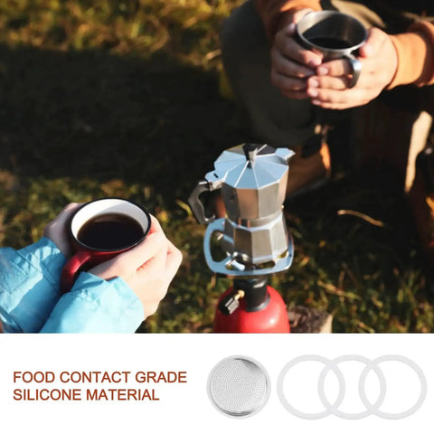 People enjoying coffee with a stovetop Moka pot outdoors; 2, 3, 6, 9, 12 Cup Stovetop Espresso Gasket And Filter Set, Silicone Rubber Seal