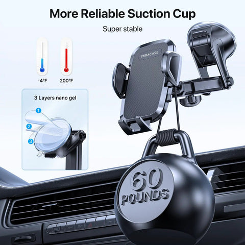 3 In 1 Car Phone Mount For Dashboard Windshield Or Air Vent Heavy Phone And Thick Case Friendly Universal Phone Holder showing suction cup and clamp.