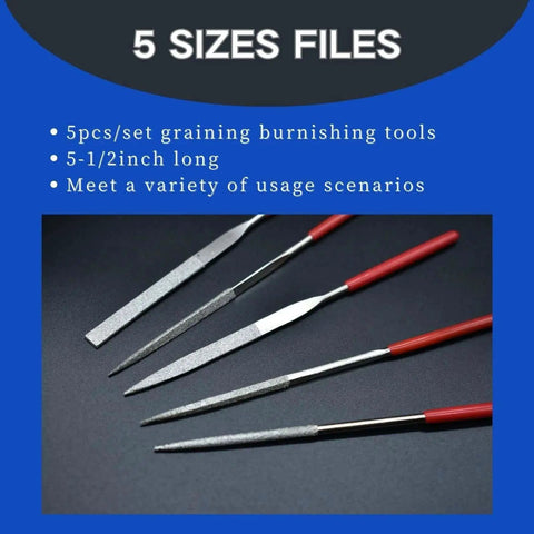 Five sizes of files with red handles and grained burnishing tools, part of the All In One 24 Piece 3D Printer Tool Kit For Cleaning Nozzles And Removing Jams With Wire Brush Flush Cutter Scraper Knife Diamond Files Tweezers And Putty Knife A Must Have For Model Building And Maintenance.