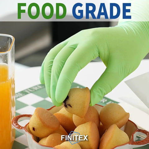 Nitrile Disposable Gloves Powder Free Latex Free 3.5Mil Food Green Small 100pcs handling muffins safely in a kitchen setting.
