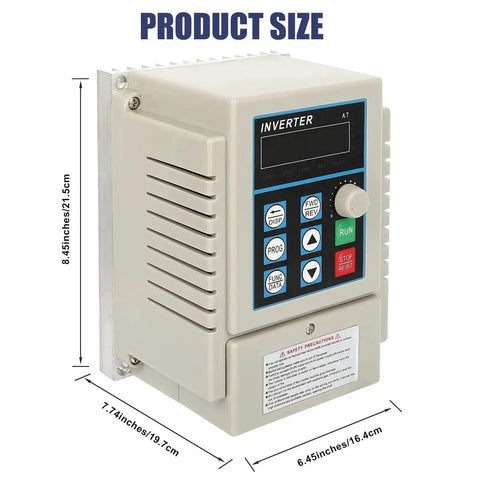 Front view of 220V Single Phase To 3 Phase VFD Inverter For Spindle Motor Speed Control, 0.75KW 1HP 5A, with size measurements.